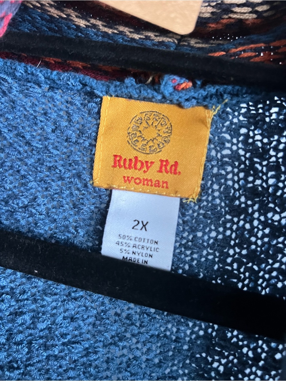 Ruby Rd. Blue Open-Front Fringe Cardigan with Rust Trim - Picture 3 of 4